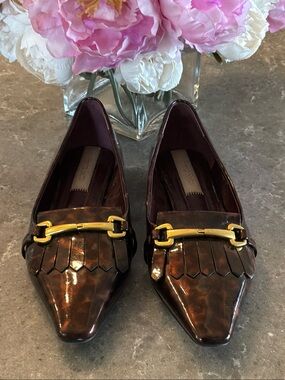 Franco Sarto Brown Patent Pointed Loafers with Gold Hardware